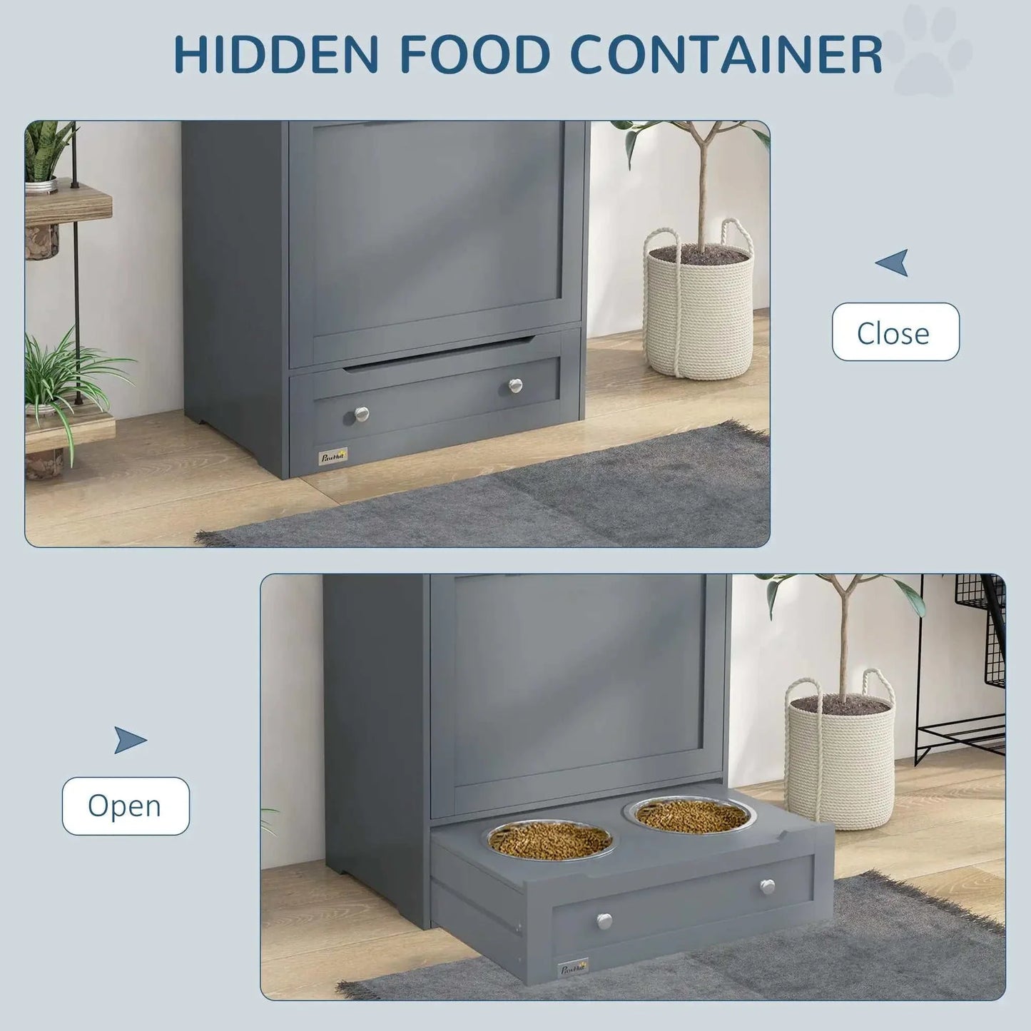 Pet feeder station with hidden food container, raised dog bowls, and storage in grey MDF, perfect for organized pet feeding.