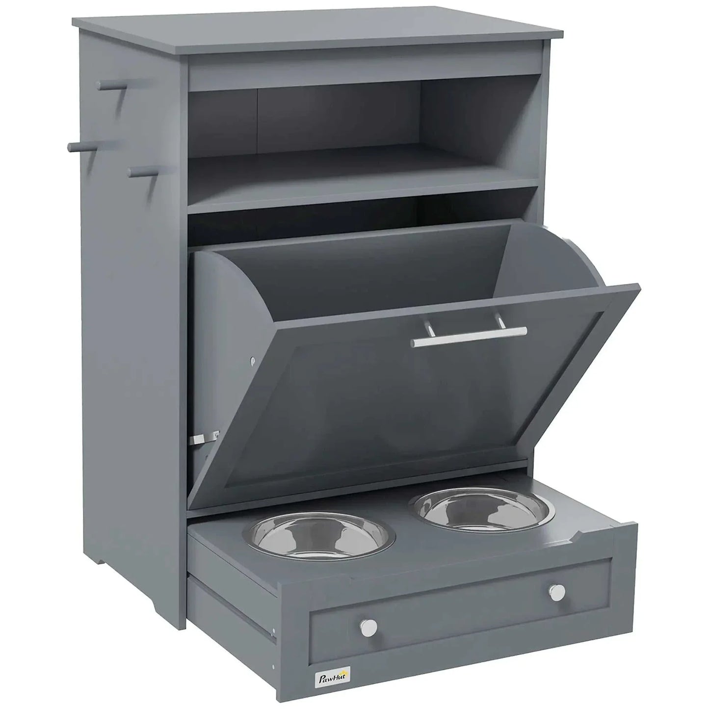 Grey pet feeder station with storage, raised bowls, and hooks for supplies.