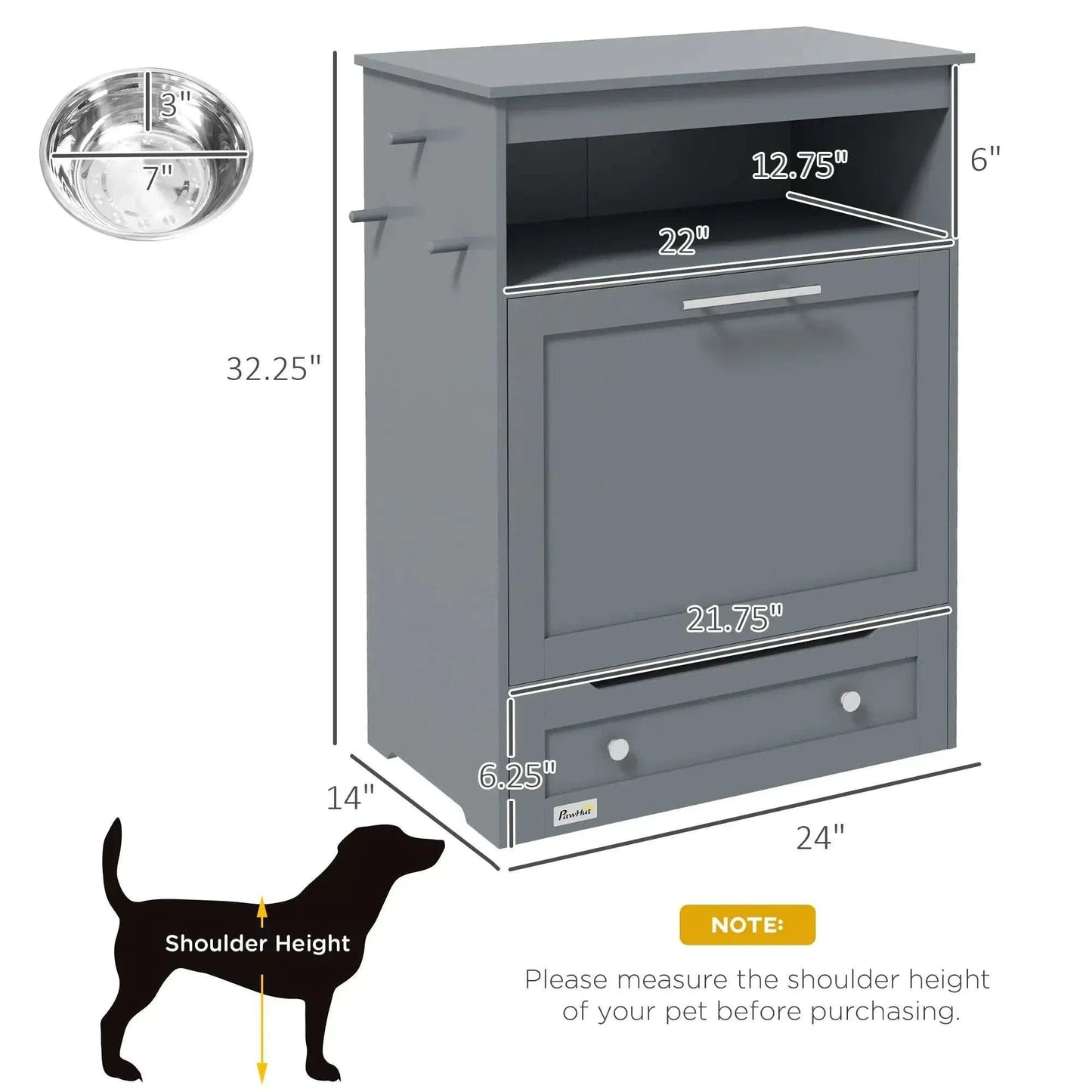 Grey pet feeder station with storage, raised dog bowl, and hooks; medium density fiberboard construction, 32.25" high.