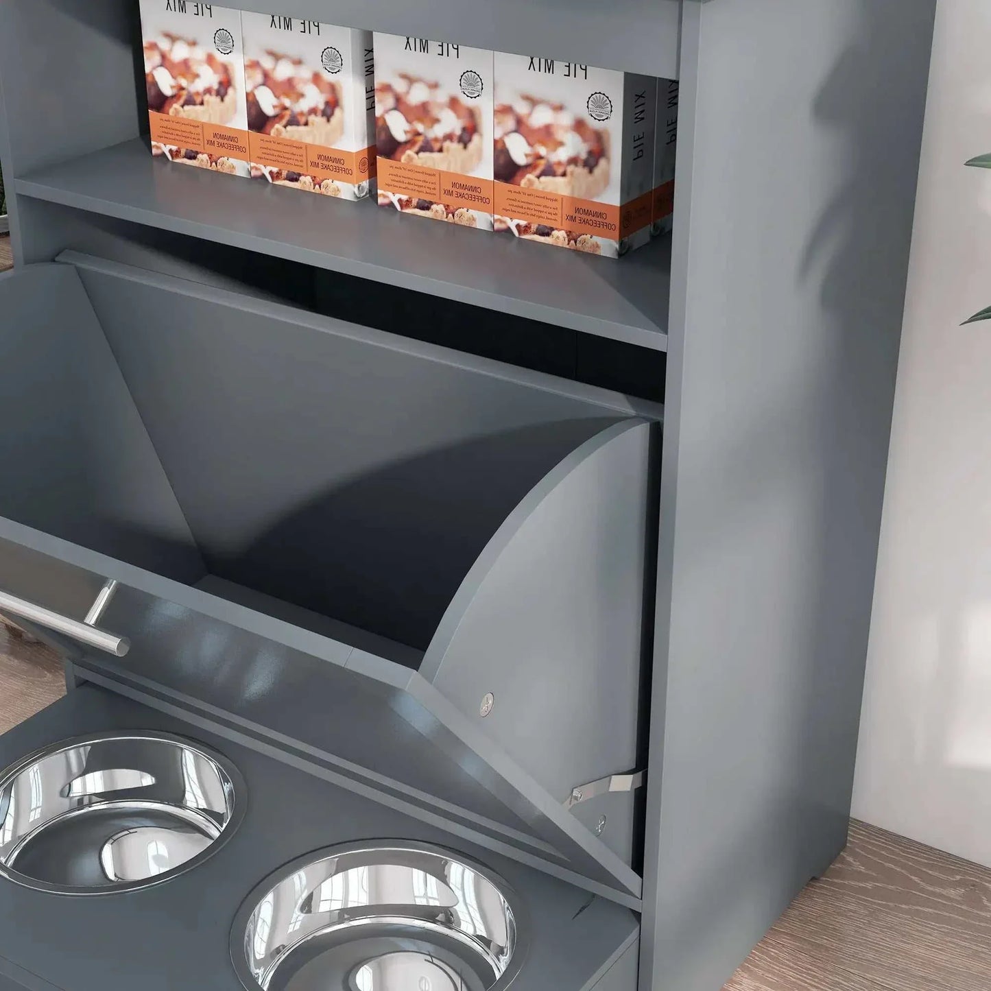 Pet feeder station with raised dog bowls, storage container, and hooks in grey MDF.