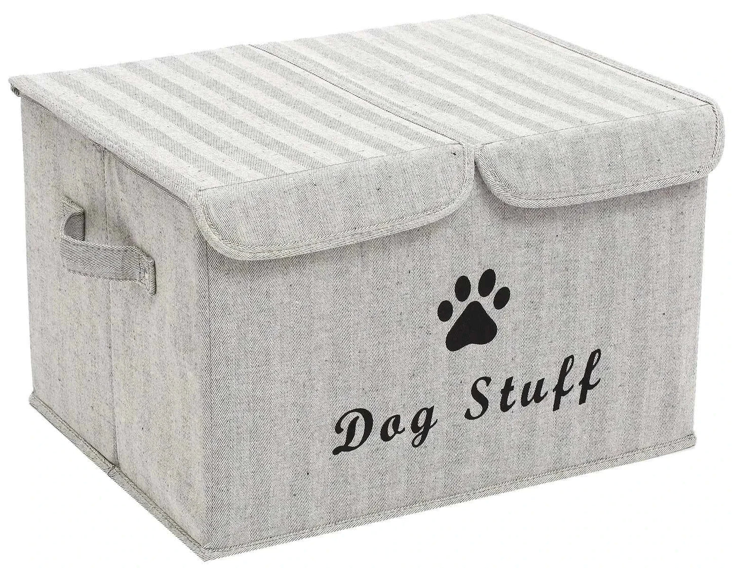 Gray striped dog toy box with lid featuring "Dog Stuff" text, ideal for organizing pet toys and accessories.