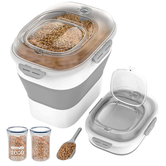 Collapsible dog food storage container with transparent airtight lid, wheels, and scoop.