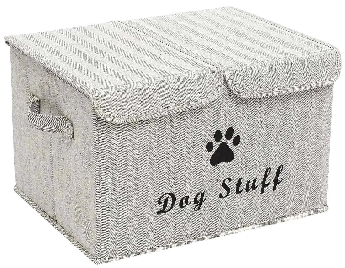 Gray stripe dog toy box with lid, featuring "Dog Stuff" and paw print design, perfect for organizing pet accessories and toys.