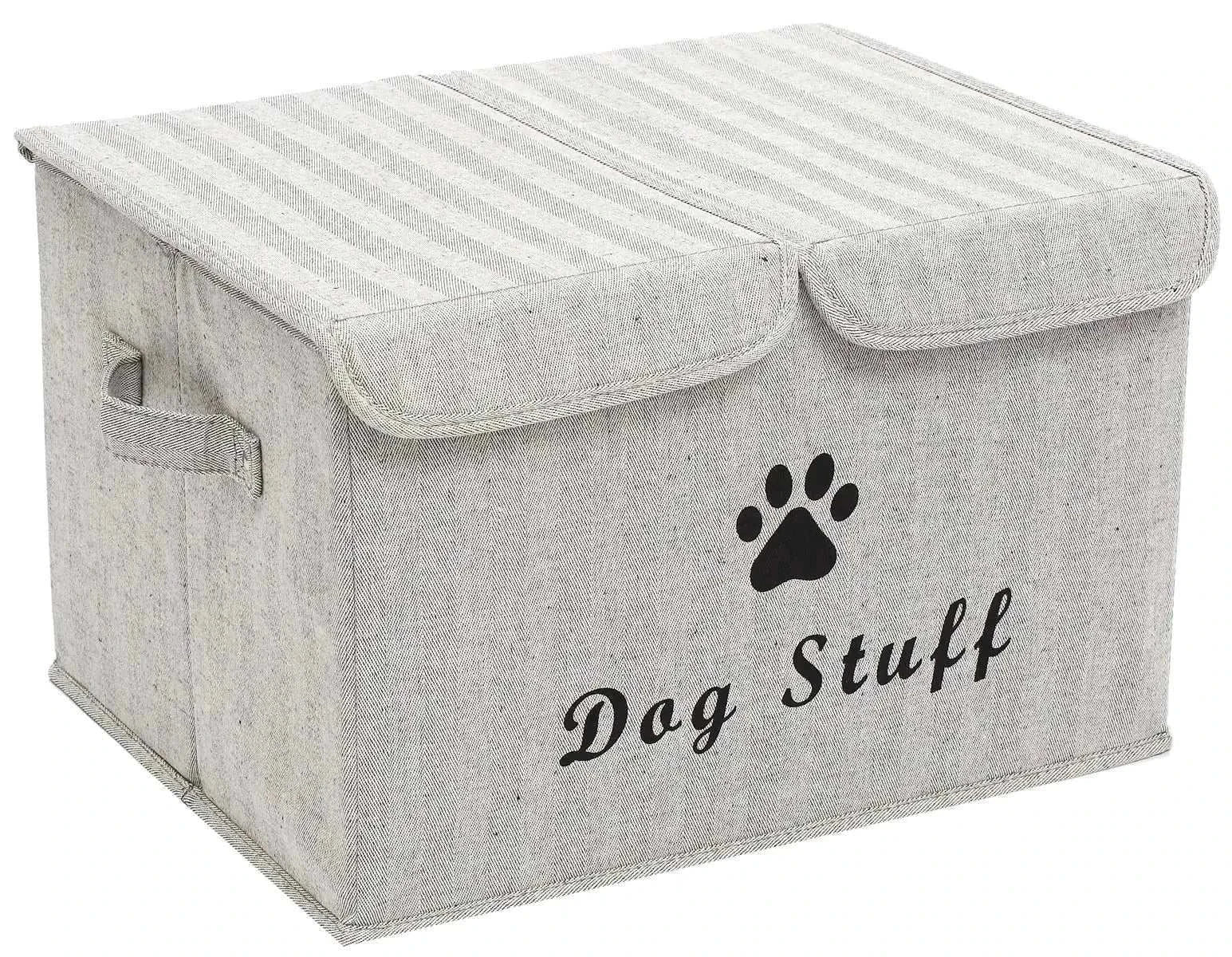 Gray stripe dog toy box with lid, featuring "Dog Stuff" and paw print design, perfect for organizing pet accessories and toys.