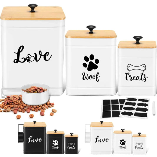 Metal dog treat containers set of 3 with bamboo lids and spoons, featuring DIY labels and airtight design for kitchen counter storage.