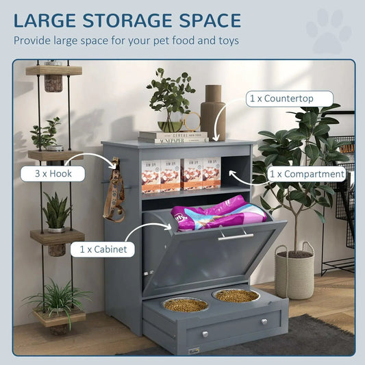 Pet feeder station with storage, raised bowls, hooks, and grey MDF construction.