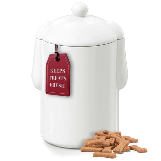 White ceramic dog treat jar with airtight lid, rustic design, keeps treats fresh, 6.5"D x 9"H.