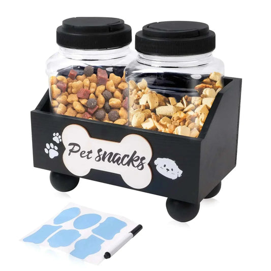 Dog cat treat container with two large capacity jars for snacks, biscuits, and bones storage, black design.