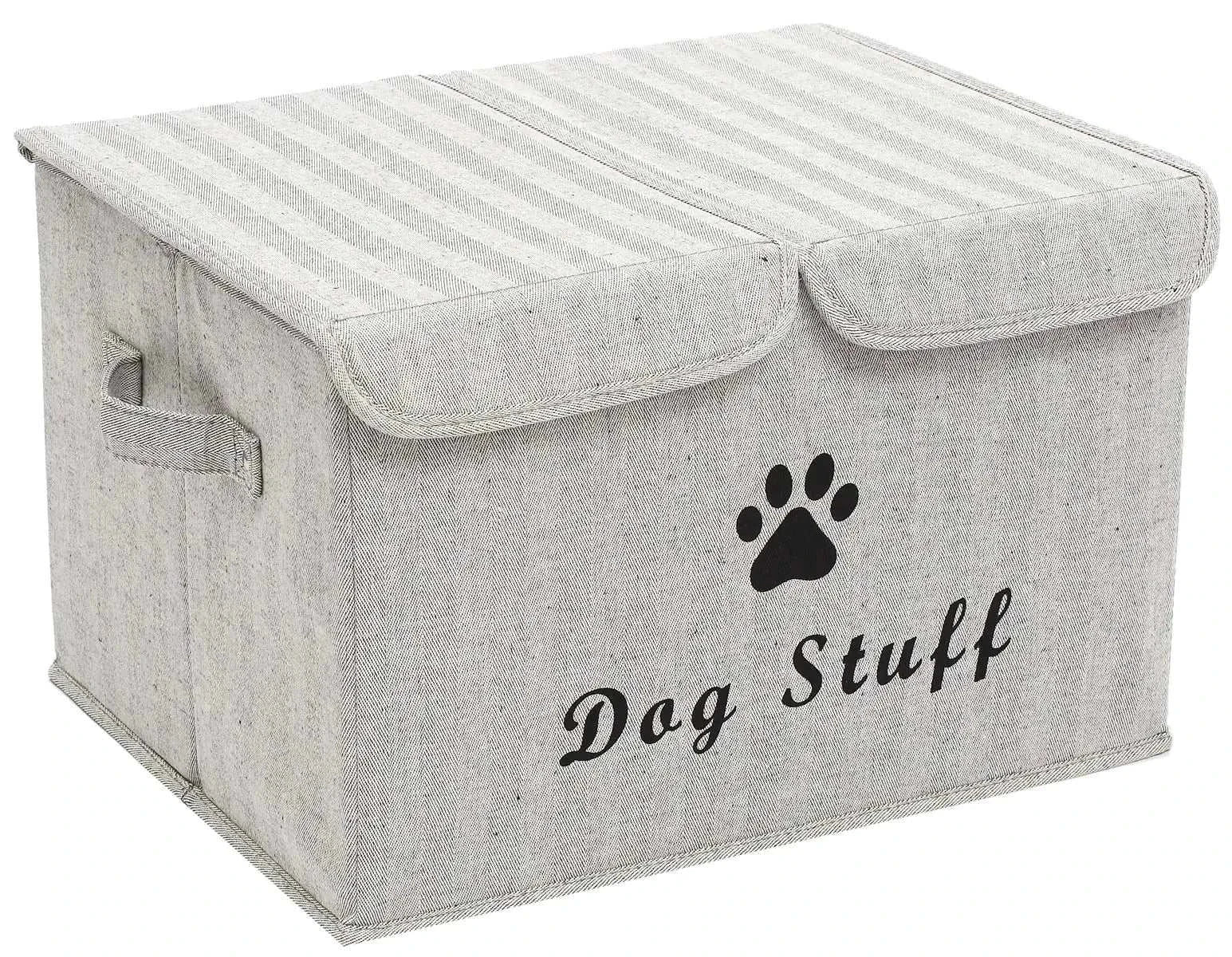 Gray striped dog toy box with lid featuring "Dog Stuff" text, ideal for organizing pet toys and accessories.